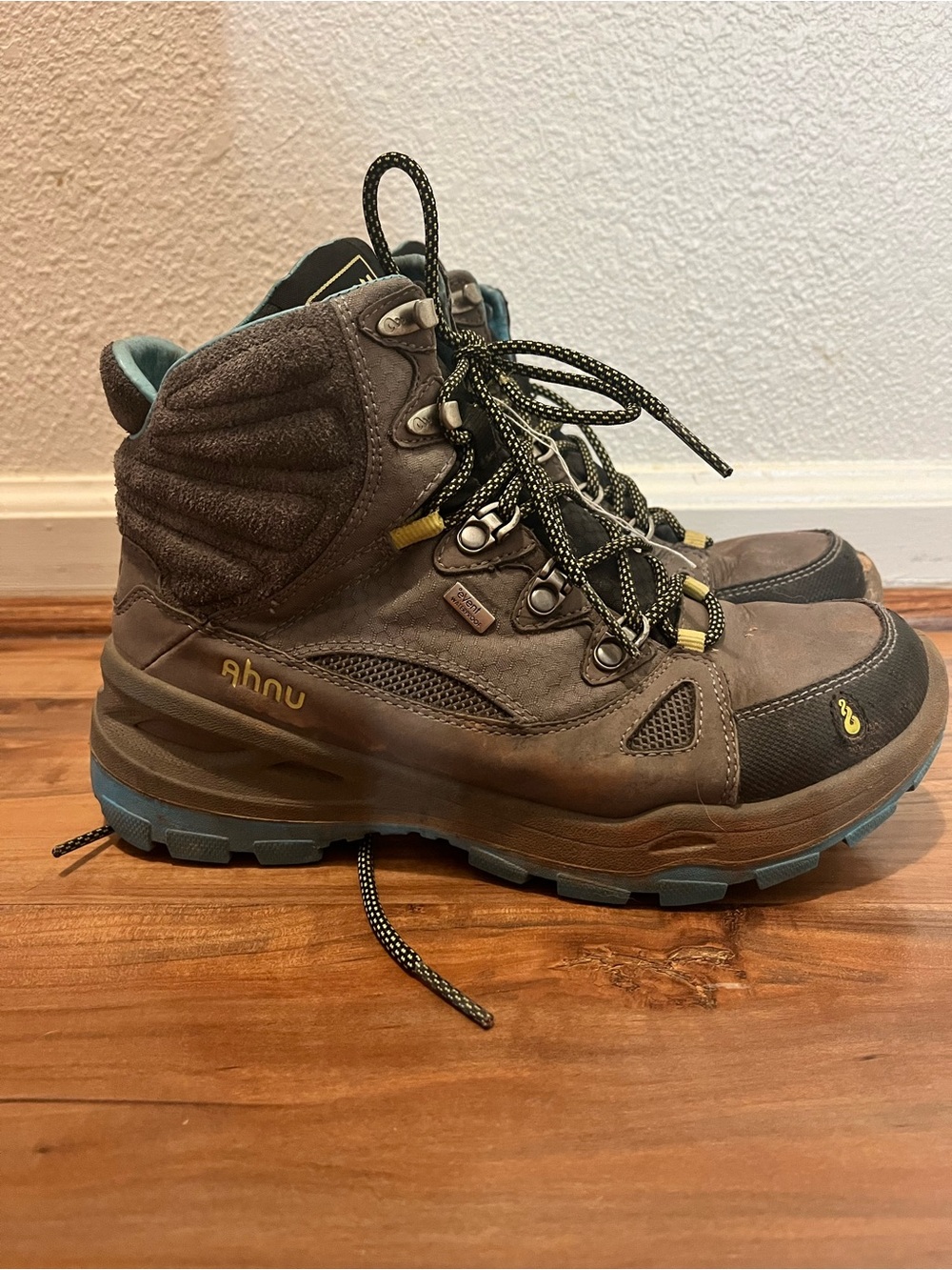 Ahnu Brown women’s Waterproof Hiking Boots with Blue Sole Accents